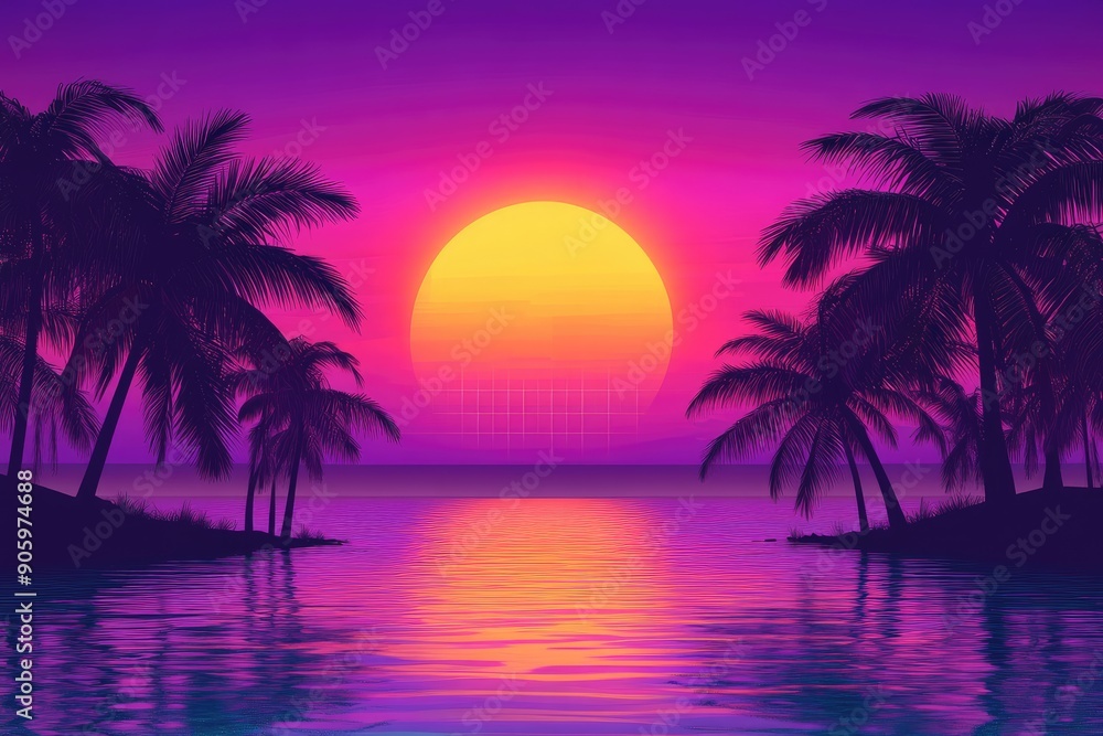 Sunset over a Tropical Island with Palm Trees Silhouetted Against the Sky Sunset over a Tropical Island with Palm Trees Silhouetted Against the Sky