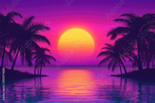 Sunset over a Tropical Island with Palm Trees Silhouetted Against the Sky