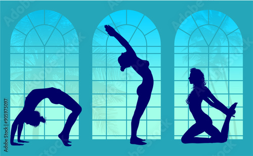 vector silueta femenina, yoga, ballet, estiramientos, deporte, flexibilidad, postura yoga, ventanal, contra luz