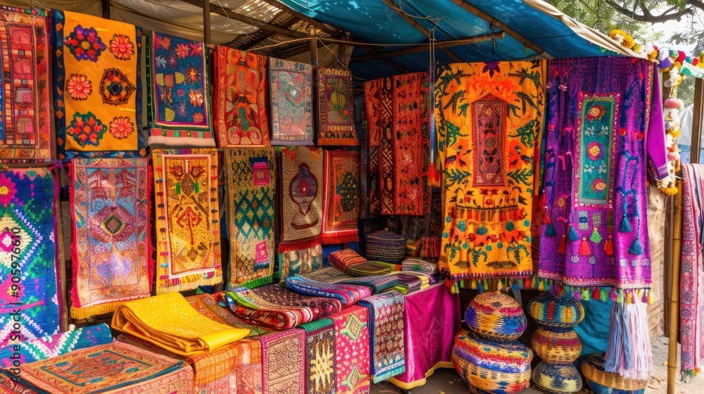 Indian festival market with vibrant textiles and handmade crafts. Indian festival market with vibrant textiles and handmade crafts.