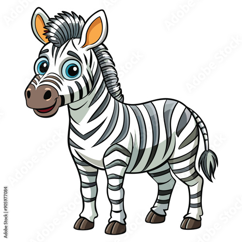 Cartoon Zebra with Black and White Stripes Standing on White Background