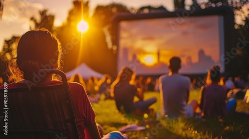 Fototapeta Naklejka Na Ścianę i Meble -  People enjoying a movie night in the park with a large projector screen