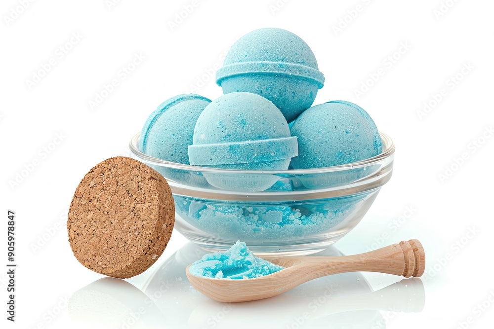 A glass bowl filled with blue bath bombs accompanied by a wooden scoop and a circular cork lid isolated on a white background A glass bowl filled with blue bath bombs accompanied by a wooden scoop and a circular cork lid isolated on a white background