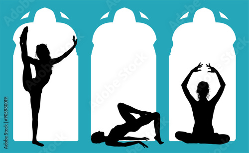 vector silueta femenina, yoga, ballet, estiramientos, deporte, flexibilidad, postura yoga, ventanal, contra luz