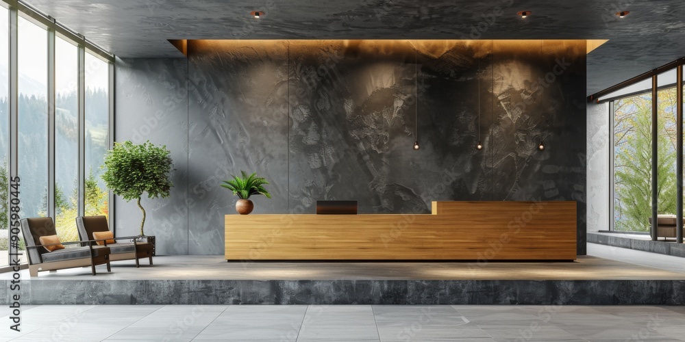 Modern Lobby with a Wooden Reception Desk, Minimalist Design, Grey Stone Walls, and Large Windows, Exuding a Businesslike Ambiance in 3D Rendering Modern Lobby with a Wooden Reception Desk, Minimalist Design, Grey Stone Walls, and Large Windows, Exuding a Businesslike Ambiance in 3D Rendering