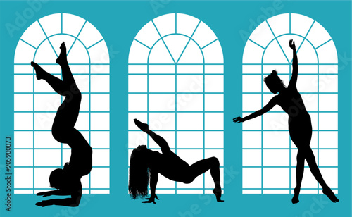 vector silueta femenina, yoga, ballet, estiramientos, deporte, flexibilidad, postura yoga, ventanal, contra luz