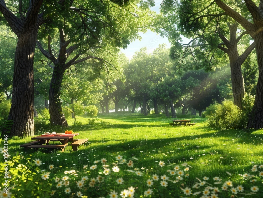 3D summer park with lush green grass and a picnic scene under the sun 3D summer park with lush green grass and a picnic scene under the sun
