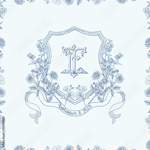 Vintage elegant wedding crest design. LF FL initial wedding monogram crest.