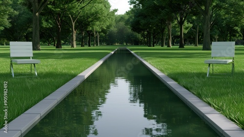 Wallpaper Mural Serene City Park with Lush Greenery, Reflective Water Canal, and Empty Benches on a Sunny Day Torontodigital.ca