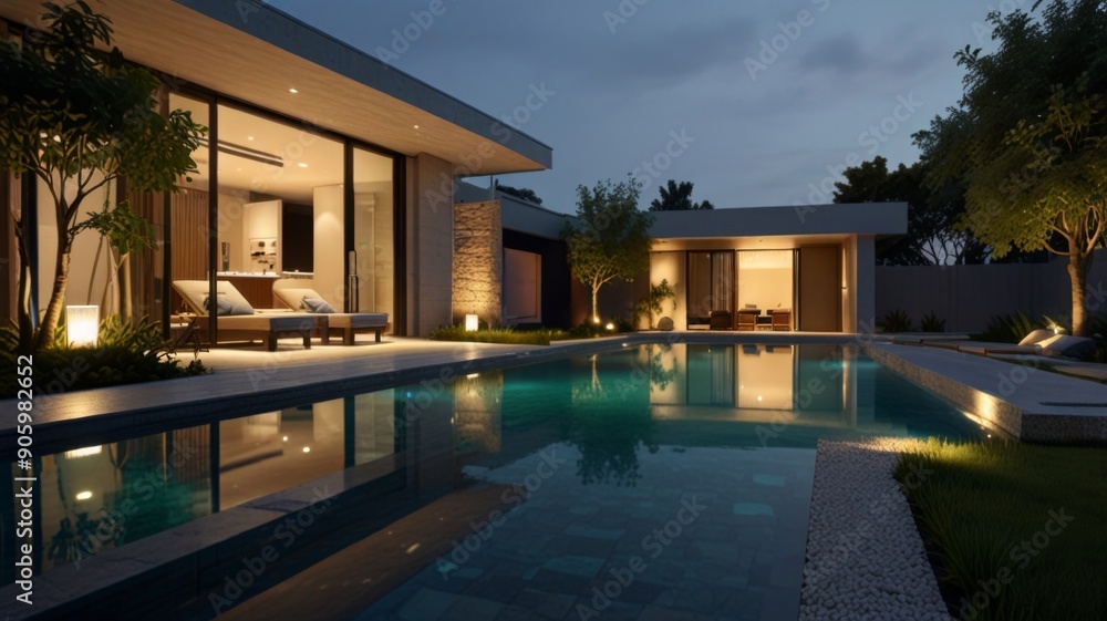 Obraz premium a futuristic modern house of contemporary design with large windows, elegant exterior lighting, and multiple levels offering a spacious layout. The property is fully fenced with an elegant gate