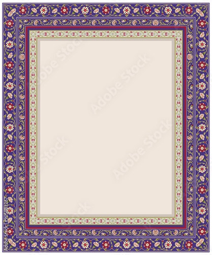 Seamless borders with various whimsical flowers border frame. Central Asian, Suzani style. Pattern brushes included frame.