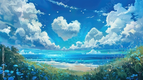 Blue sky with heart shaped white clouds over sea with blue green wildflowers and space for text in nature painting