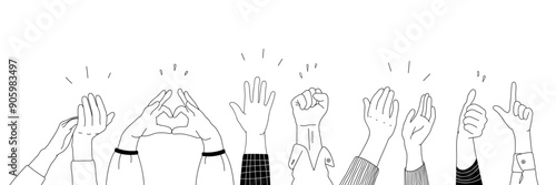 Applause hands set in doodle style. Human hands sketch with arms raised in gestures like clapping, thumbs-up and heart-finger symbols on a white background, vector illustration.