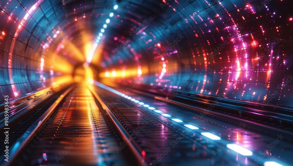 Neon Lights Tunnel with Train Tracks Neon Lights Tunnel with Train Tracks
