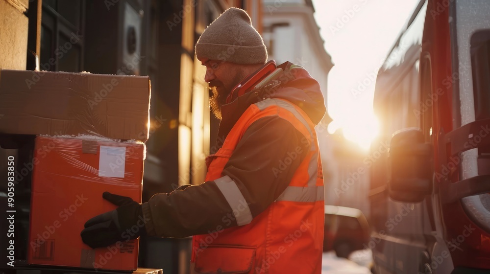 A delivery worker in a safety vest and beanie hat loads boxes into the back of a truck in the warm evening light. A delivery worker in a safety vest and beanie hat loads boxes into the back of a truck in the warm evening light.
