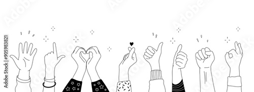 Applause hands set in doodle style. Human hands sketch with arms raised in gestures like clapping, thumbs-up and heart-finger symbols on a white background, vector illustration.