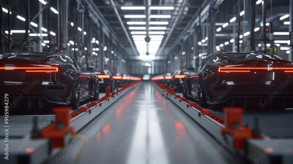 A row of sleek black cars on a conveyor belt in a factory. A row of sleek black cars on a conveyor belt in a factory.