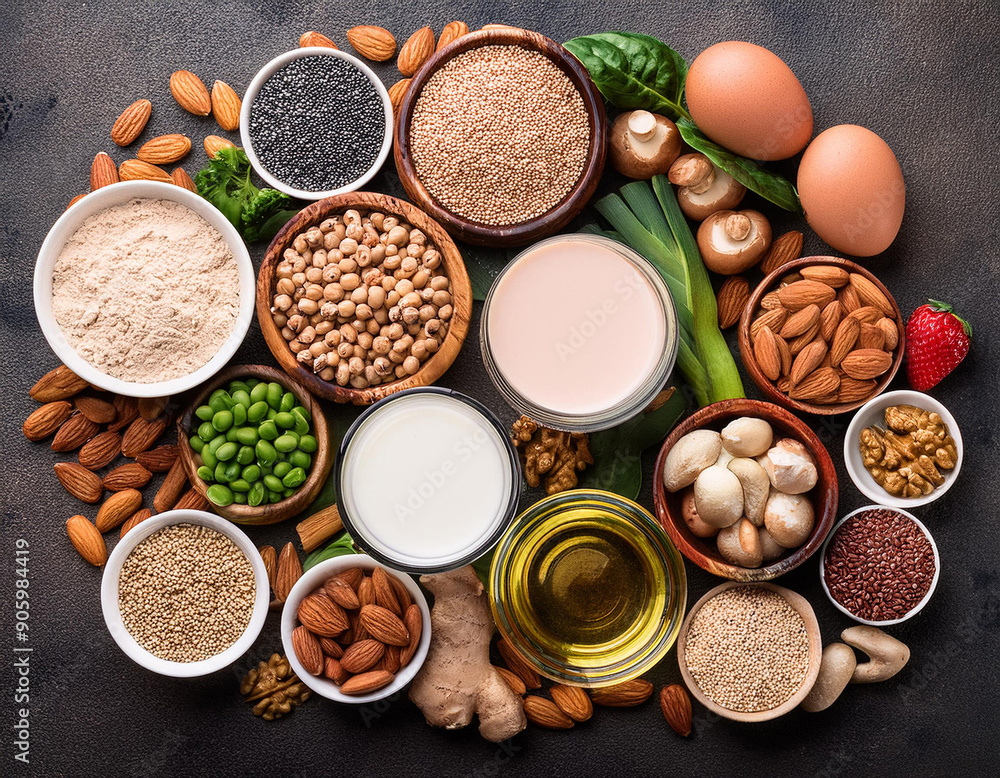 Top view. Food ingredients with high protein content. On center. Natural food sources. Dark background. Vegetables, mushroom, eggs, oil, grains, and others. Top view. Food ingredients with high protein content. On center. Natural food sources. Dark background. Vegetables, mushroom, eggs, oil, grains, and others.