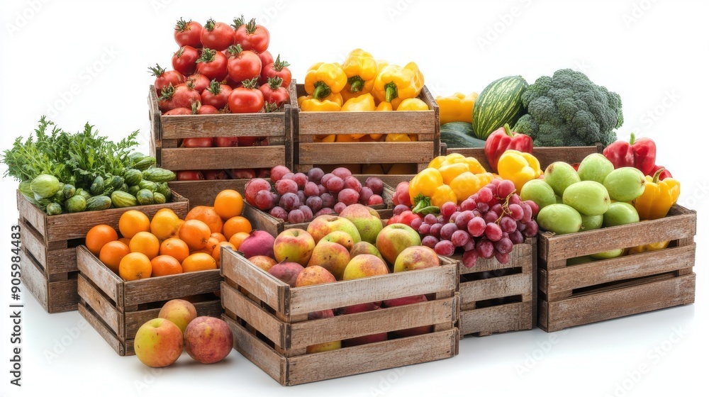 Assortment of Fruits and Vegetables in a Wooden Crate on a White Background Assortment of Fruits and Vegetables in a Wooden Crate on a White Background