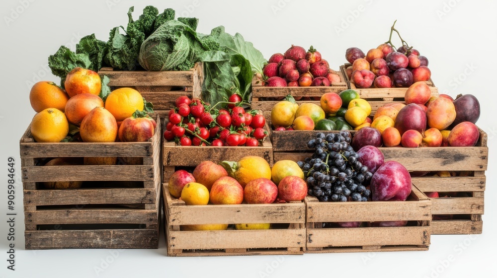 Assortment of Fruits and Vegetables in a Wooden Crate on a White Background Assortment of Fruits and Vegetables in a Wooden Crate on a White Background