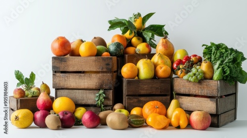 Assortment of Fruits and Vegetables in a Wooden Crate on a White Background