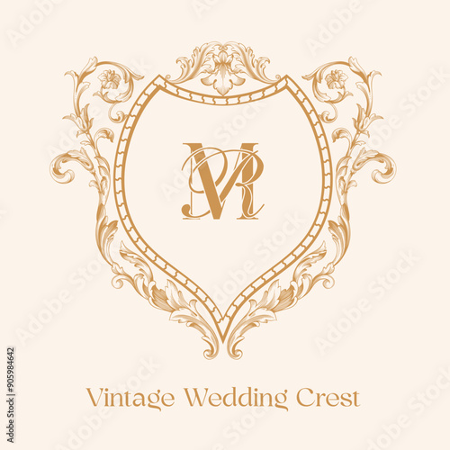 MR RM initial baroque style wedding crest design. Vintage wedding crest with shield and floral vector illustration.
