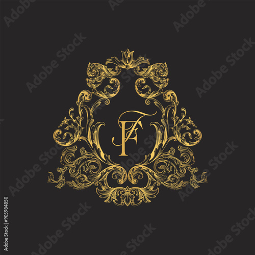 Premium gold vintage baroque frame scrolls ornament engraving crest floral.
