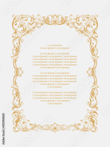 Vector vintage frame; ornate floral vignette for design template. Victorian style gold element. Baroque motifs. Ornamental swirl illustration for invitation, wedding, greeting card.