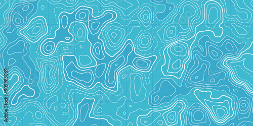 Map with topographic contour lines of the ocean floor. Abstract cartography texture banner of ocean relief, highlighting the contours and elevations of the underwater terrain.