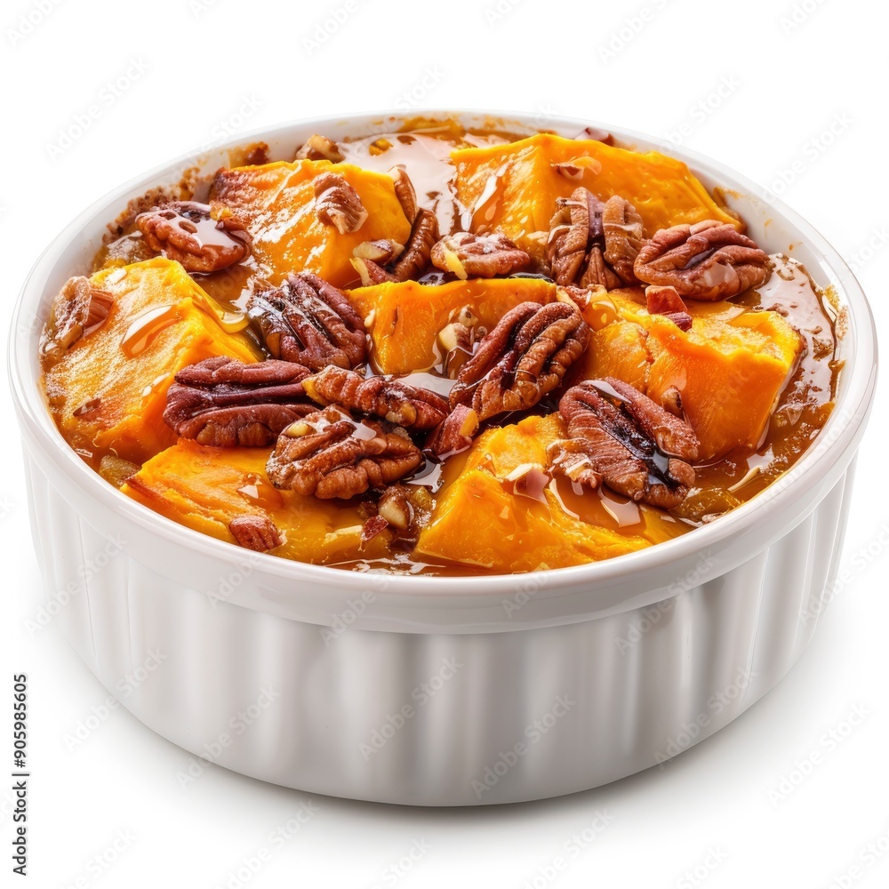 Close-up of a delicious sweet potato casserole topped with pecans and maple syrup in a white baking dish. Close-up of a delicious sweet potato casserole topped with pecans and maple syrup in a white baking dish.