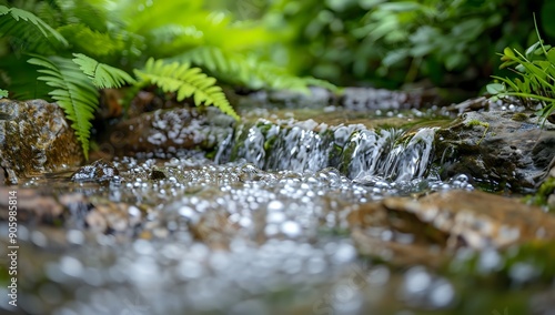 Clear Stream Flows Gently Over Rocks in Lush Green Forest photo