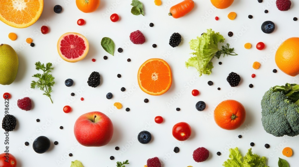Various vegetables and fruits isolated on white background, top view, flat layout. Concept of healthy eating, food background. Various vegetables and fruits isolated on white background, top view, flat layout. Concept of healthy eating, food background.