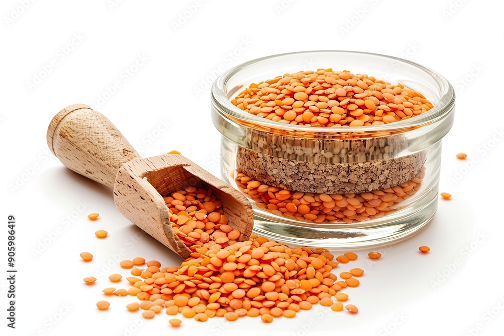 A glass bowl filled with orange lentils accompanied by a wooden scoop and a circular cork lid isolated on a white background