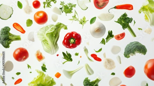 Mixed vegetables scattered on a white background.