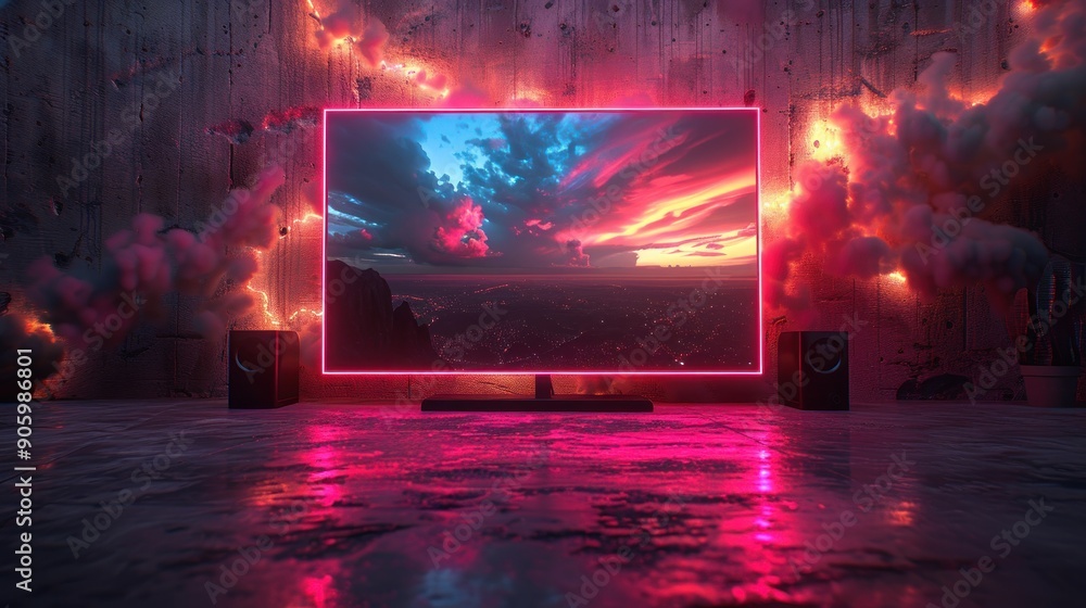 Big blank screen with digital art neon light flashes, television with technology lights in dark room, futuristic. The frame is square Big blank screen with digital art neon light flashes, television with technology lights in dark room, futuristic. The frame is square
