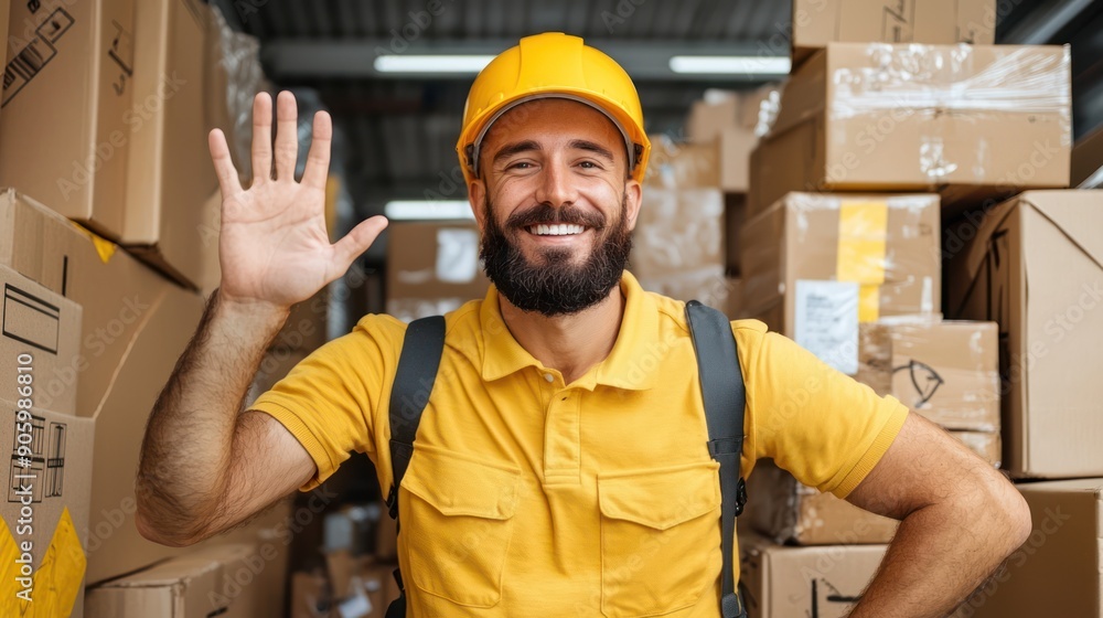 Friendly Courier Waving to Customer After Delivery - Professional Delivery Service Concept in High Resolution, Generative Ai Friendly Courier Waving to Customer After Delivery - Professional Delivery Service Concept in High Resolution, Generative Ai
