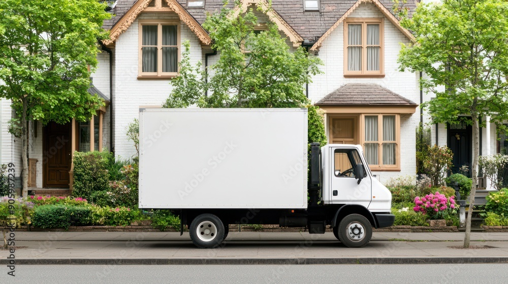 Convenient Delivery Service: Truck Parked in Front of Suburban Home, Generative Ai Convenient Delivery Service: Truck Parked in Front of Suburban Home, Generative Ai