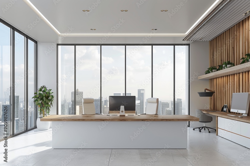 Modern Office Interior with Desk, Computer, Chairs, and a Large Window Overlooking the City Skyline - A Concept of Workspace Ambiance. Modern Office Interior with Desk, Computer, Chairs, and a Large Window Overlooking the City Skyline - A Concept of Workspace Ambiance.