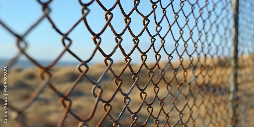 Fototapeta premium Rusty Chain Link Fence Blocks View of Blurry Sand Dunes Under Blue Sky