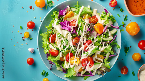 Top view of a colorful mixed salad with dressing