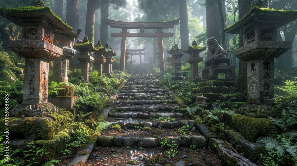 Ancient stone staircase leading through a lush, misty forest with traditional lanterns and a torii gate, creating a serene Japanese scene. Ancient stone staircase leading through a lush, misty forest with traditional lanterns and a torii gate, creating a serene Japanese scene.