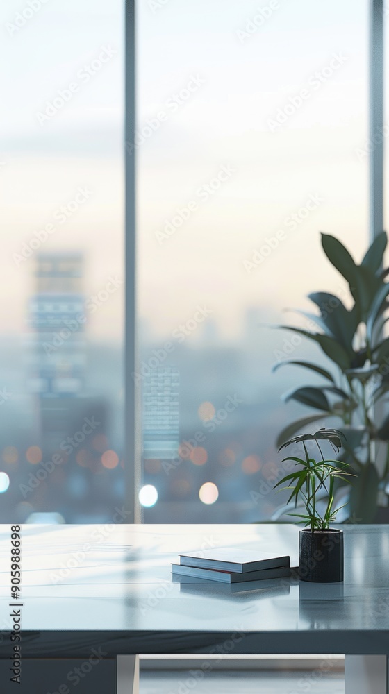 Minimal office in the morning, looking at the city in a blur Minimal office in the morning, looking at the city in a blur