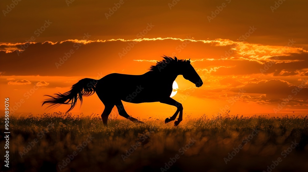 Powerful Horse Galloping Into the Sunset Across an Open Field Powerful Horse Galloping Into the Sunset Across an Open Field
