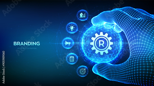 Branding. Brand marketing and management. Branding or rebranding. Digital marketing, advertising, innovation, awareness concept in the shape of polygonal sphere in wireframe hand. Vector illustration.