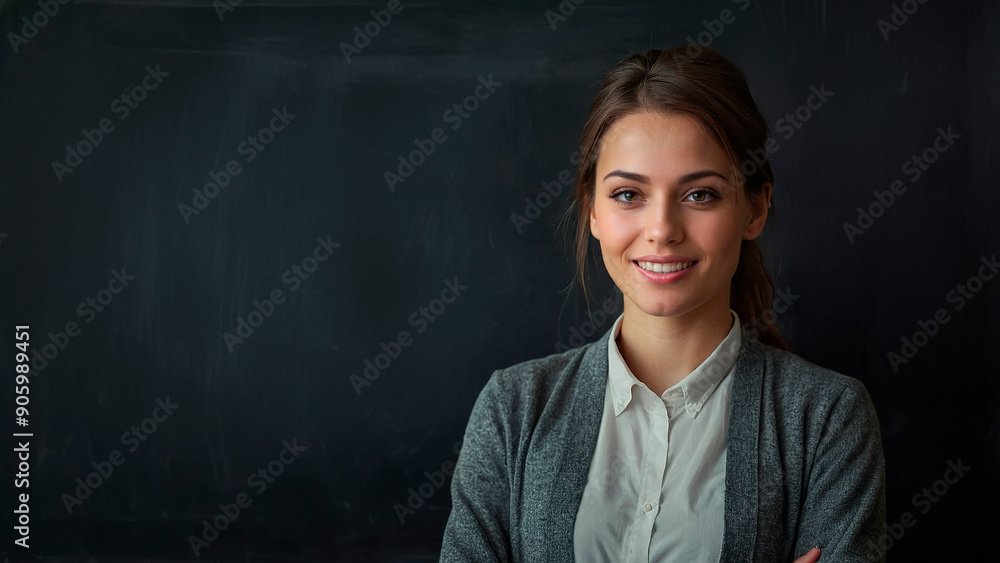 Teacher Smiling in Front of Black Blackboard During a Classroom Session at Noon Teacher Smiling in Front of Black Blackboard During a Classroom Session at Noon