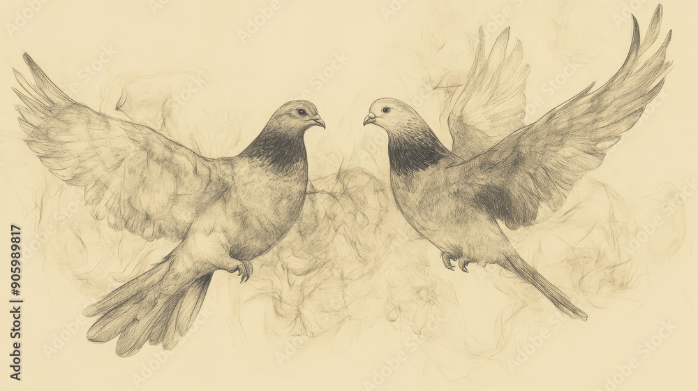 Fototapeta premium Biblical Illustration of Leviticus: Ritual Burning of Turtledoves or Pigeons for Cleansing from Unclean Discharge, Bible Wall Art with Beige Background