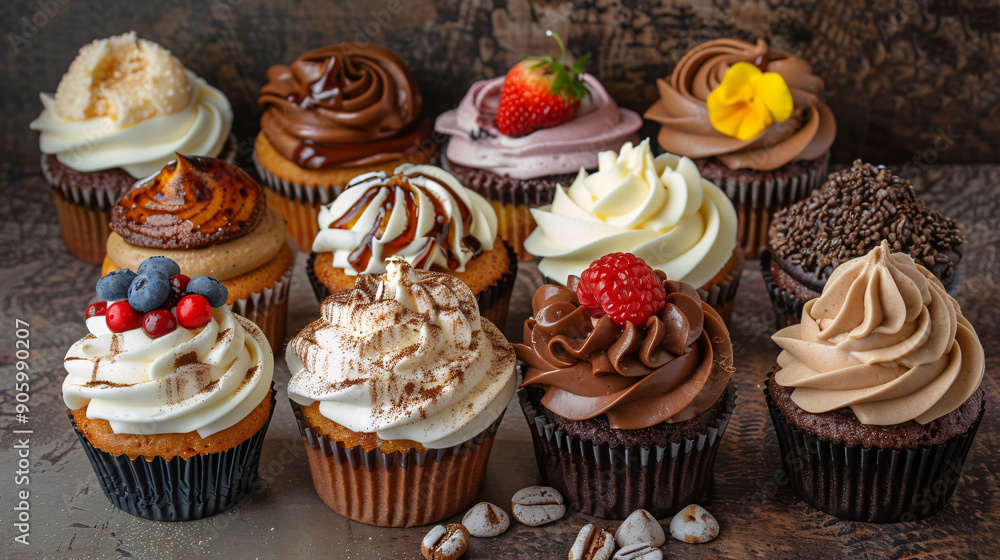 Variety of cupcakes with different toppings Variety of cupcakes with different toppings
