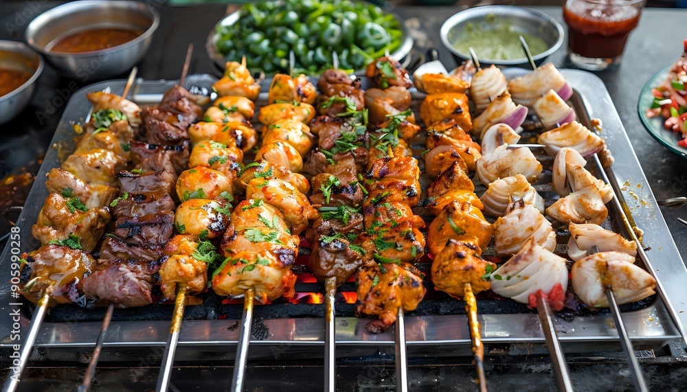 Grilled Chicken and Beef Kebabs with Onions on Skewers Over Hot Coals Grilled Chicken and Beef Kebabs with Onions on Skewers Over Hot Coals