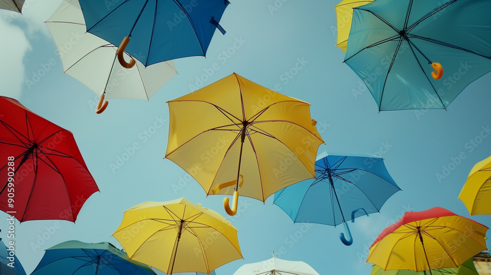 Obraz premium Colorful Umbrellas Floating Against a Clear Sky