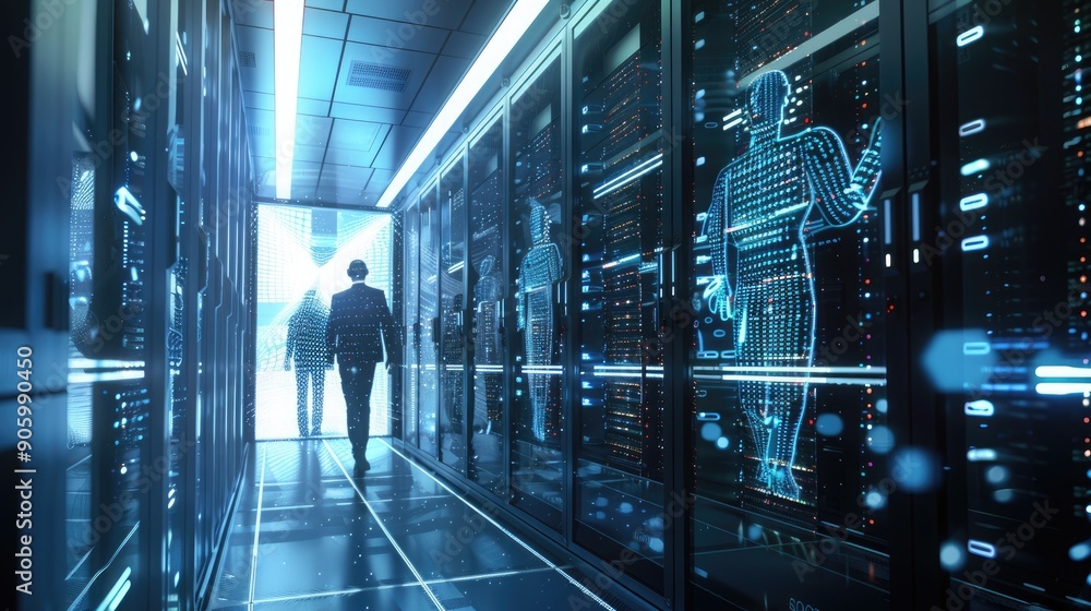 Secure data center guarded by holographic representations of AI cybersecurity agents. Secure data center guarded by holographic representations of AI cybersecurity agents.